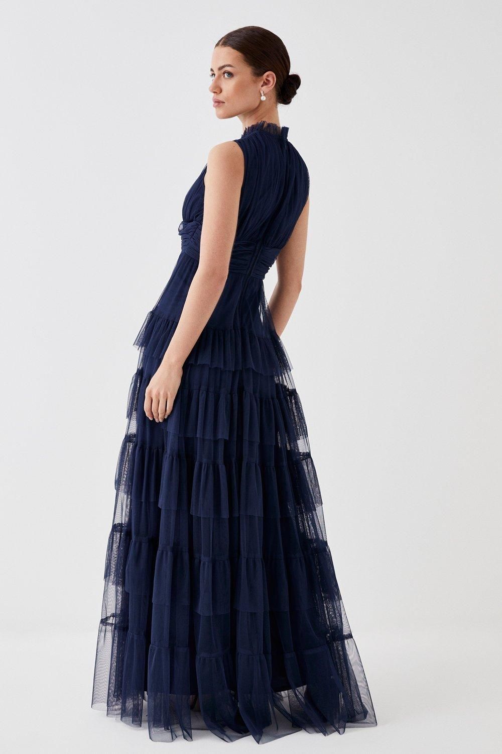 Coast Petite Tulle Tiered Frill Sleeve Bridesmaids Maxi Dress Navy image 5