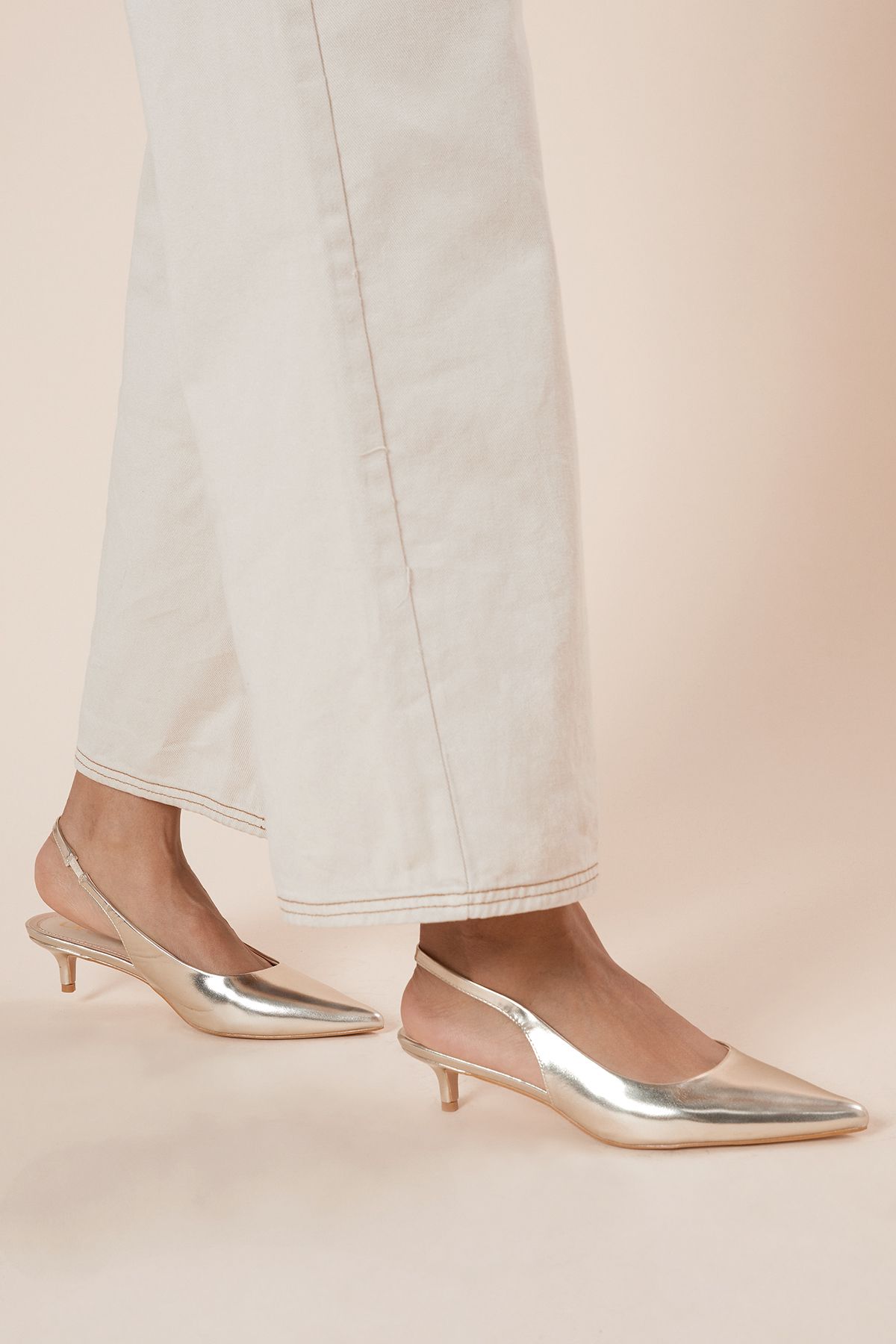 Dorothy Perkins Faelina Faux Leather Slingback Kitten Heel Court Shoes Gold image 3