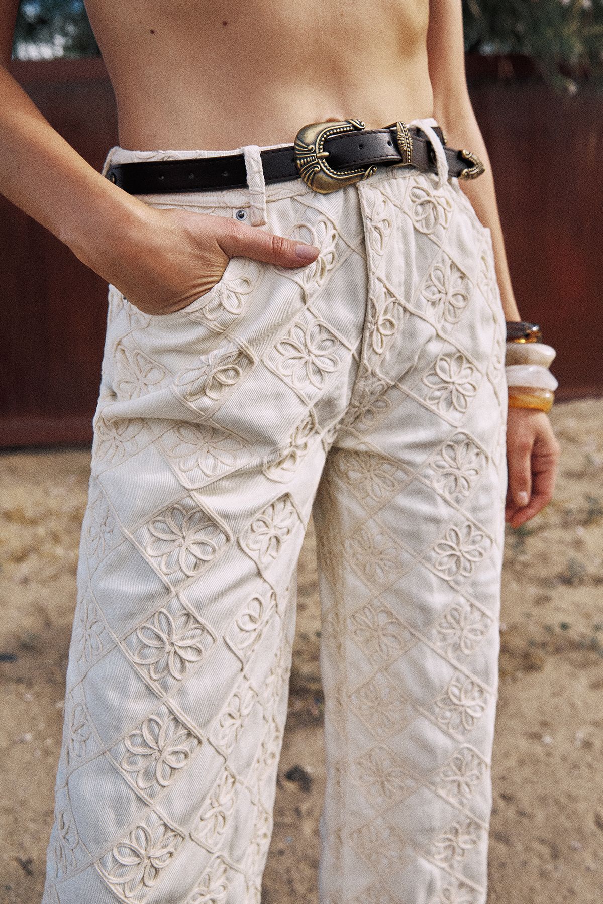 NastyGal Embroidered Flower Straight Leg Denim Jeans Ecru image 3