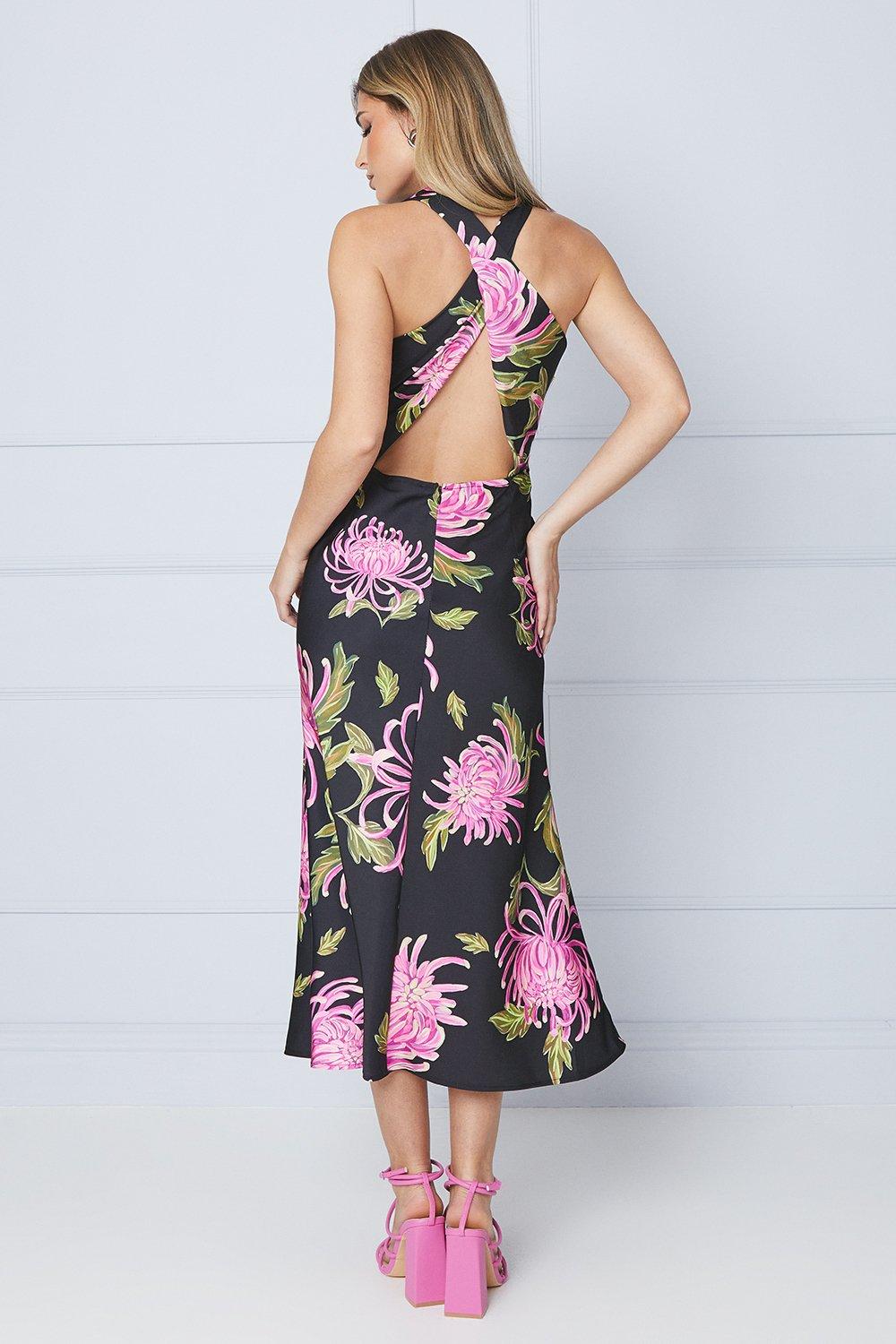 Oasis Occasion Petite Floral Satin Cross Back Midi Dress Black image 3