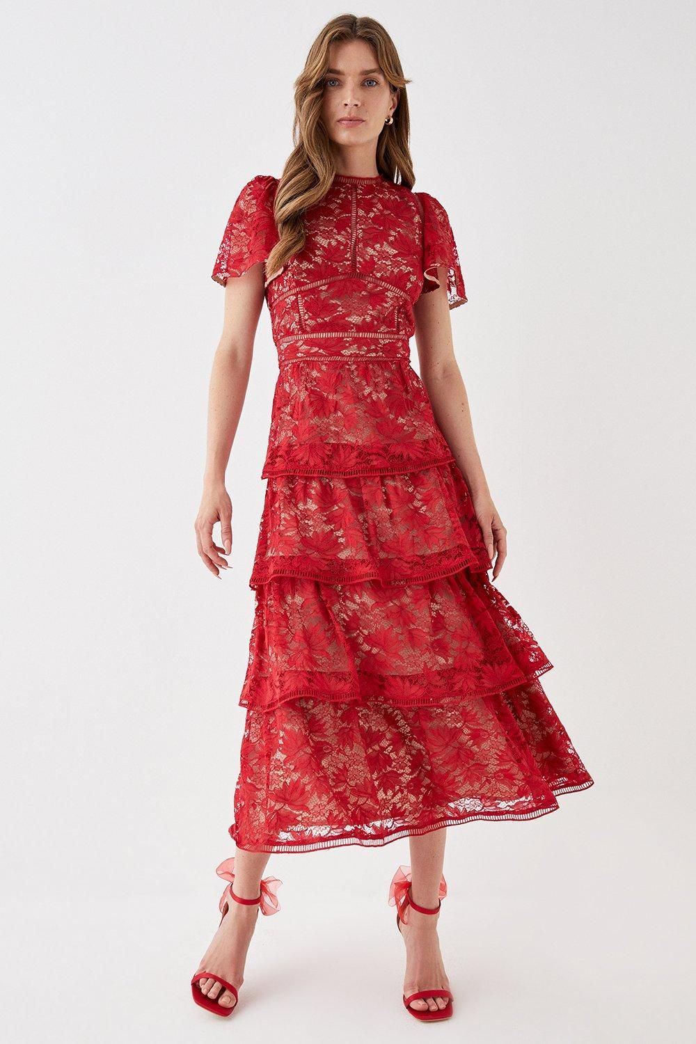 Coast Tiered Lace Dress With Flutter Sleeve & Trims Red