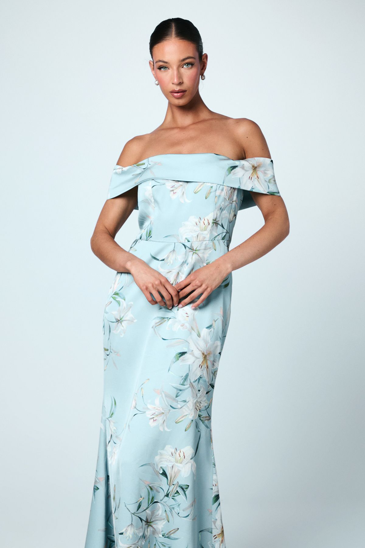 Coast Printed Bardot Satin Bridesmaid Dress Sage image 4