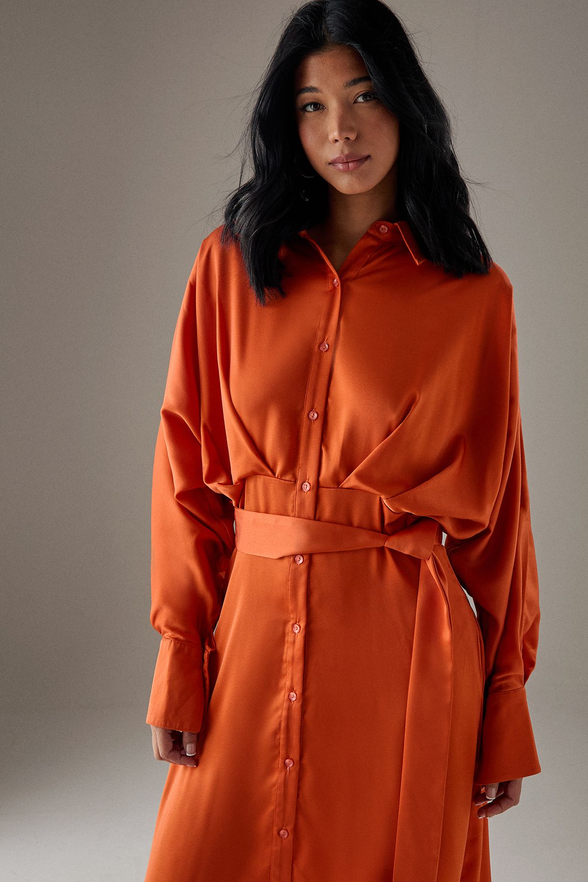Warehouse Satin Batwing Split Side Midi Shirt Dress Orange image 4
