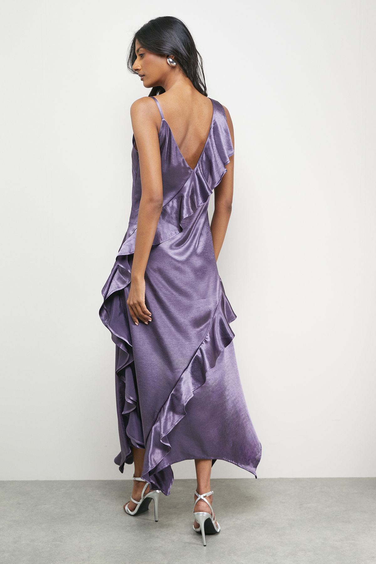 Warehouse Metallic Satin Ruffle High Apex Midi Slip Dress Mauve image 3