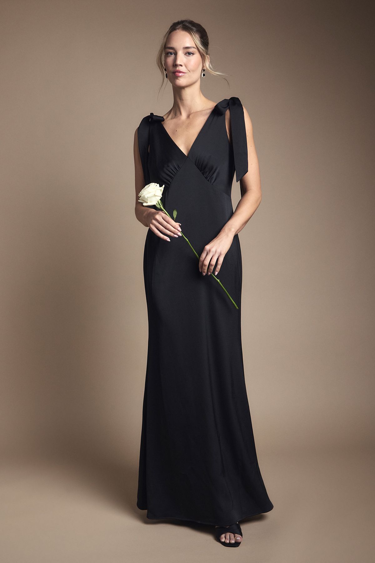 Coast Coast Honoured Satin Back Crepe V Neck Tie Shoulder Maxi Bridesmaid Dress Black image 1