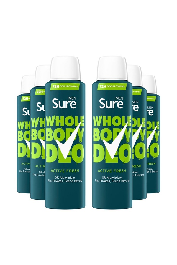 Sure Whole Body 'Deodorant Spray' Active Fresh w/ 72H Odour free 150ml, 6pk