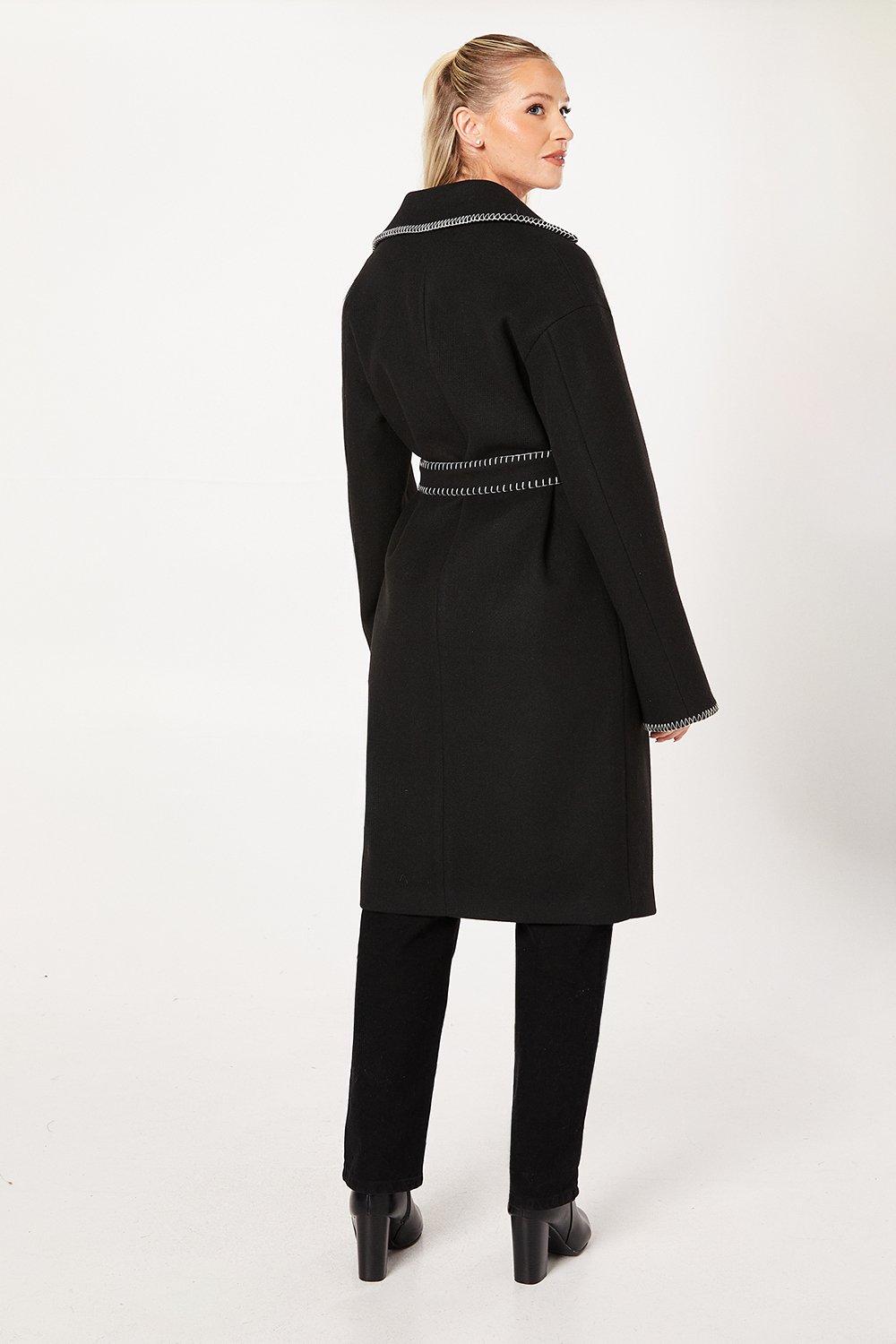Dorothy Perkins Whipstitch Wrap Midi Coat Black image 3