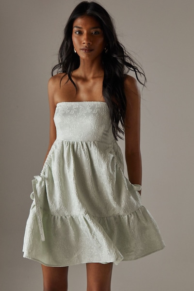 Warehouse Jacquard Shirred Bandeau Bellow Pocket Mini Dress Sage