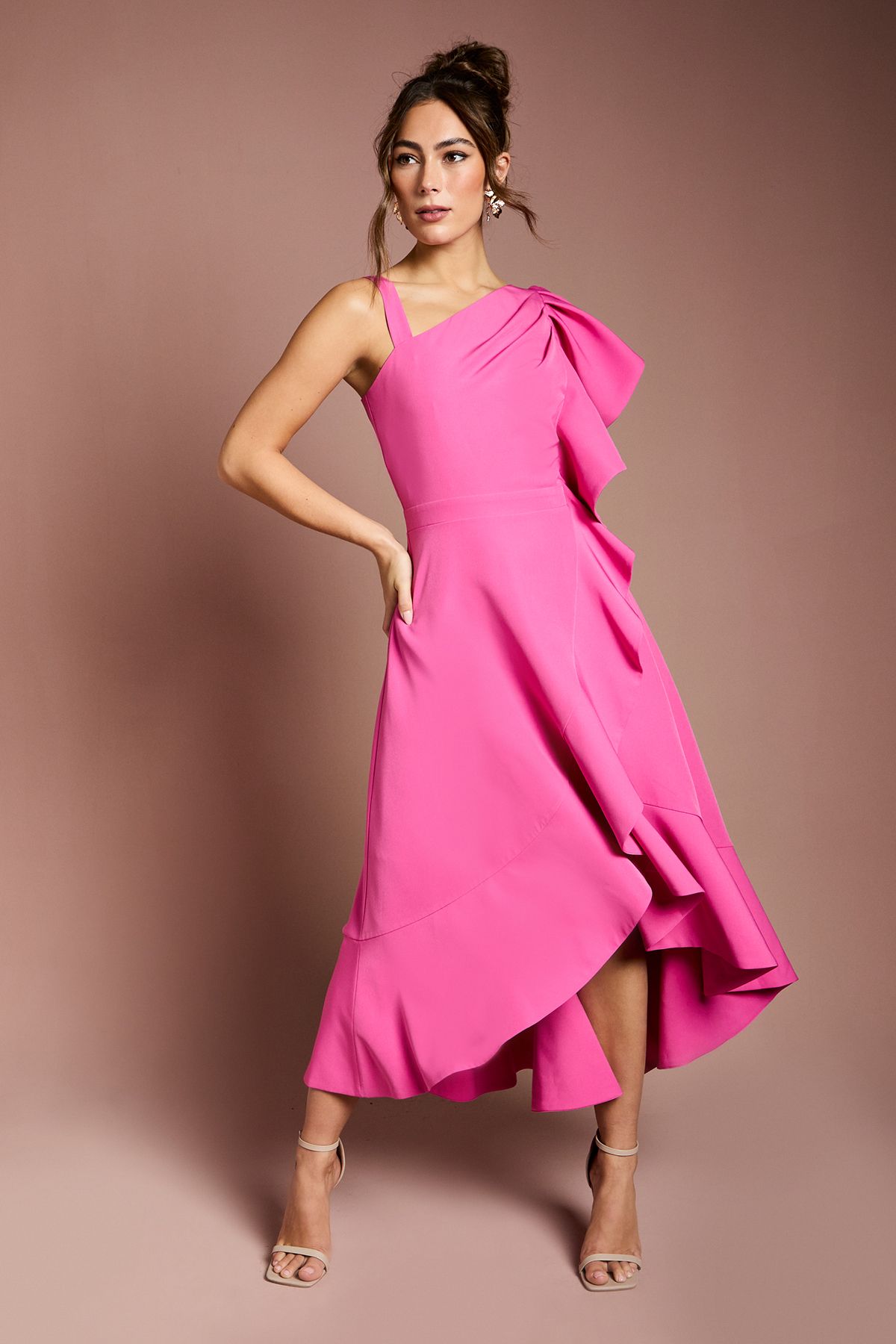 Coast One Shoulder Crepe Ruffle Midi Dress Pink