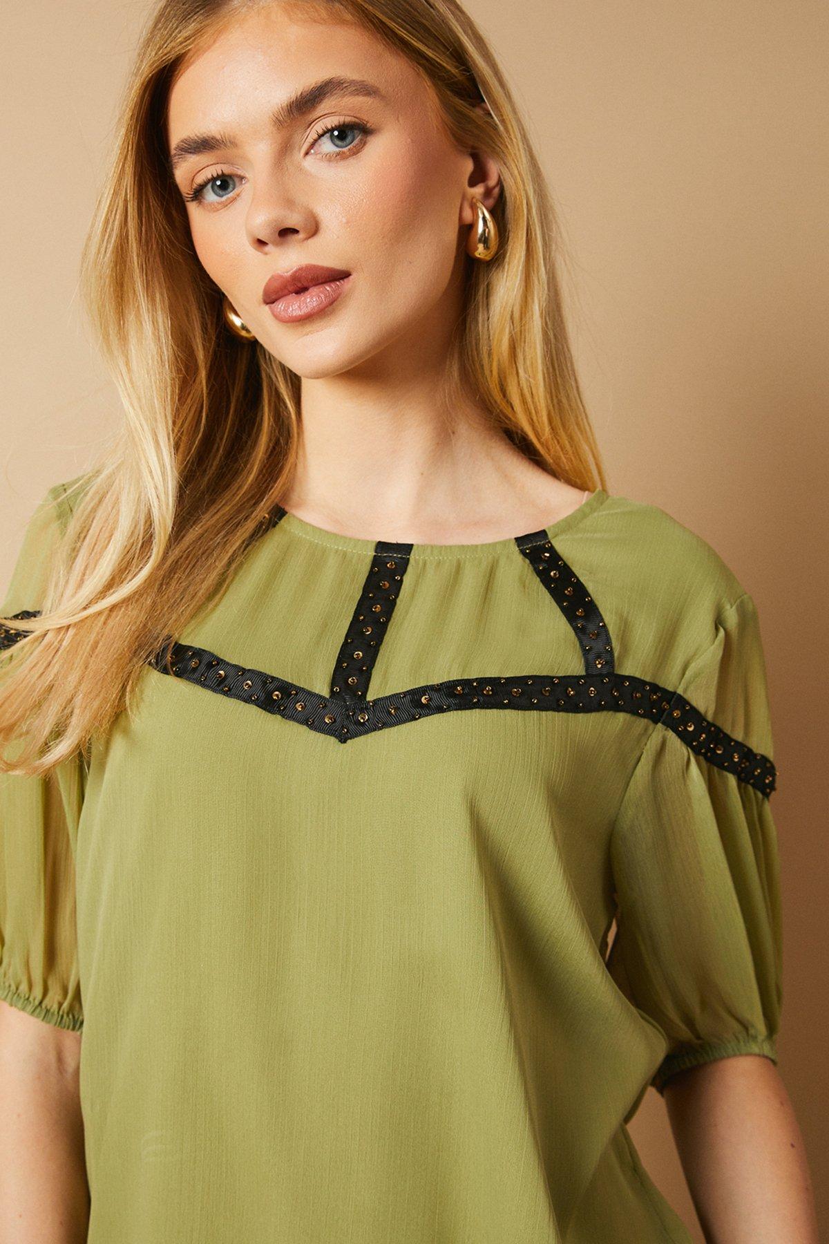 Oasis Hand Embellished Trim scoop Neck Half Sleeve Blouse Khaki image 2