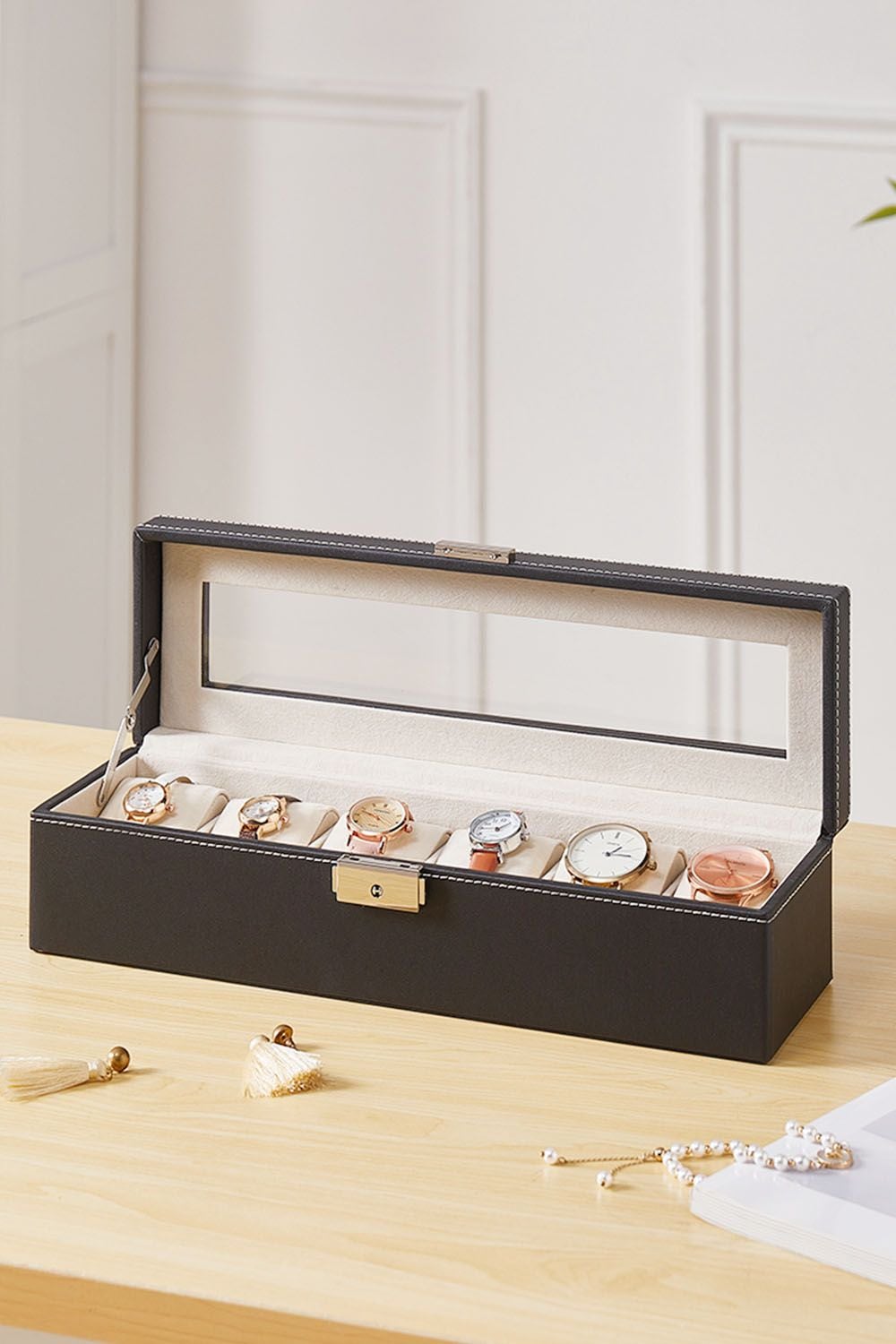 SHEONLY 6-Slot Elegant Faux Leather Watch Display Case image 2