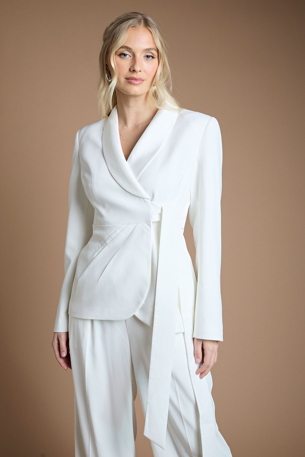 Coast Wrap Front Satin Lapel Wedding Blazer Ivory