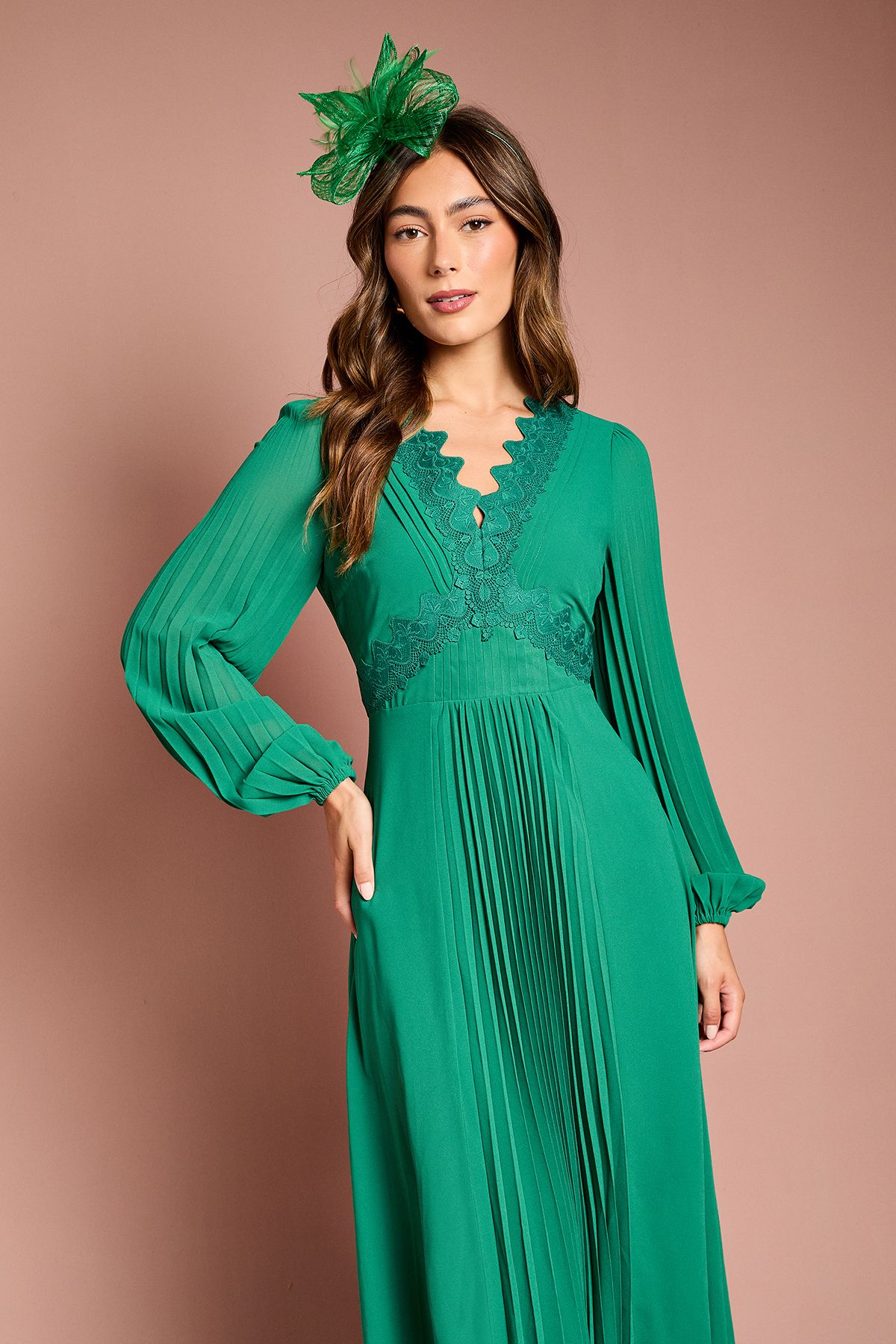 Coast Pleat Detail Lace Trim Maxi Dress Emerald image 2