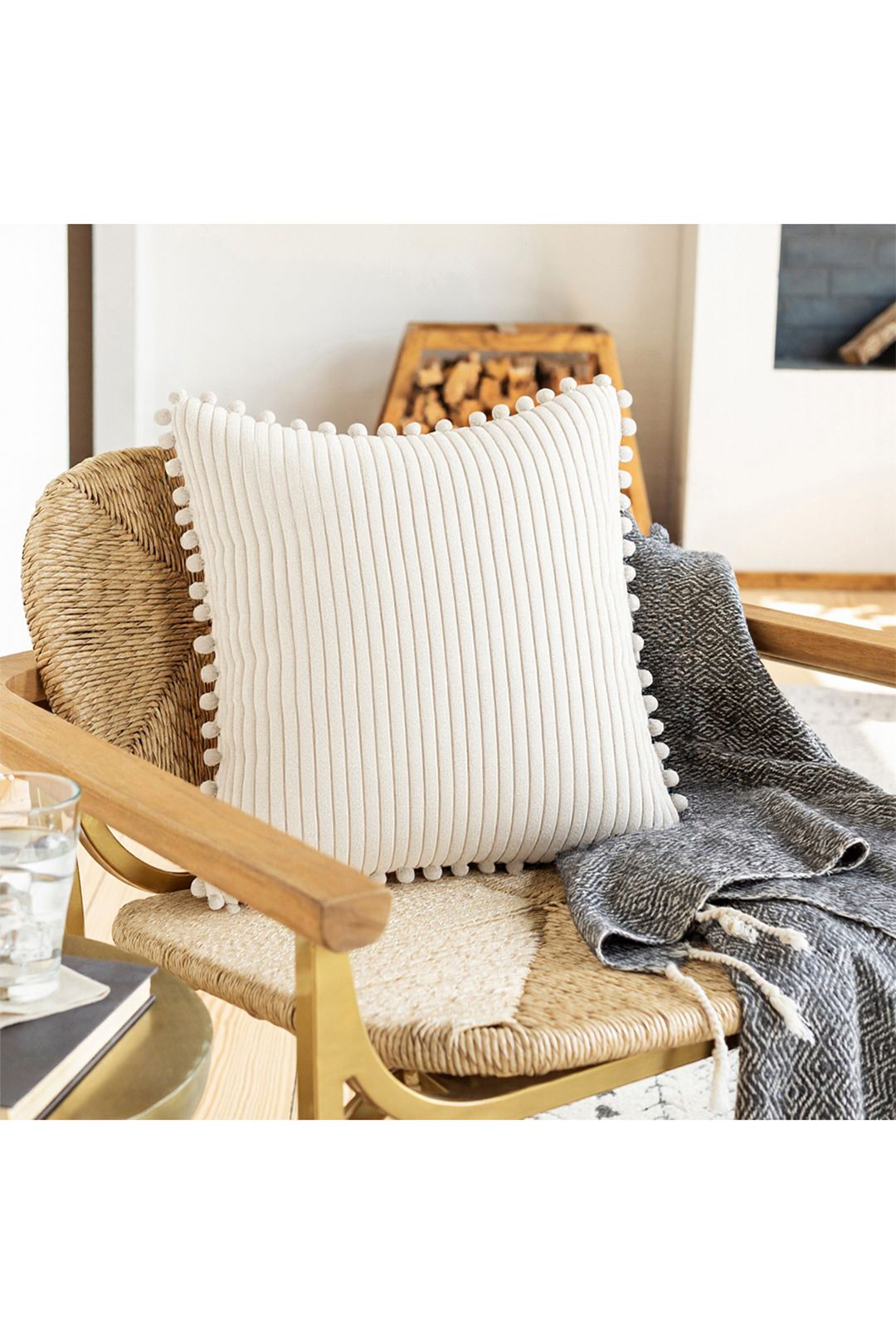 Living and Home Polyester Cushion Cover with Pom-Pom Trim image 1