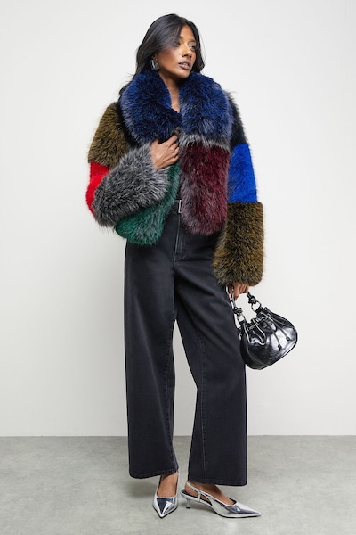 Warehouse Multi -coloured Panelled Faux Fur Coat Multi