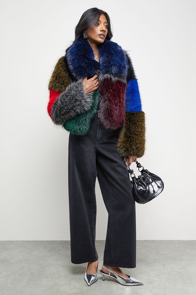 Warehouse Multi -coloured Panelled Faux Fur Coat Multi
