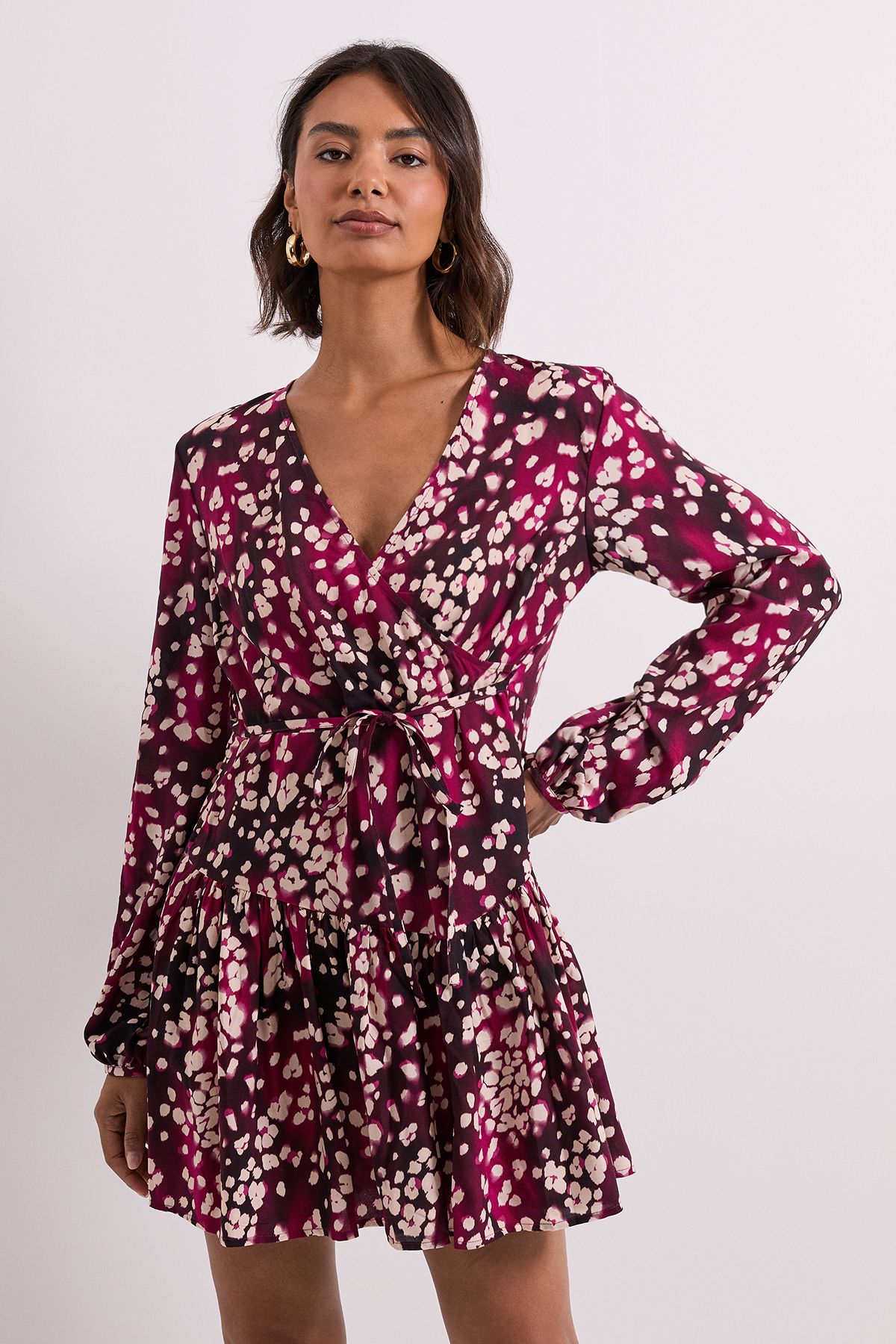 Dorothy Perkins Burgundy Animal Dropped Seam Detail Wrap Front Mini Dress Burgundy