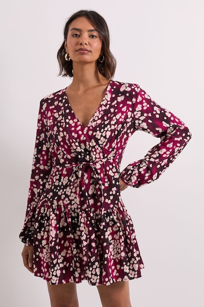 Dorothy Perkins Burgundy Animal Dropped Seam Detail Wrap Front Mini Dress Burgundy