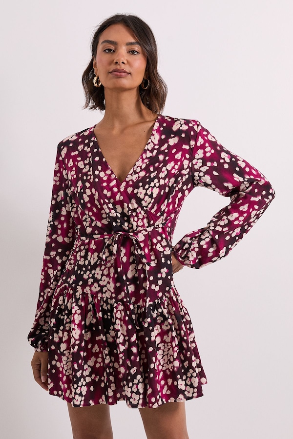 Dorothy Perkins Burgundy Animal Dropped Seam Detail Wrap Front Mini Dress Burgundy