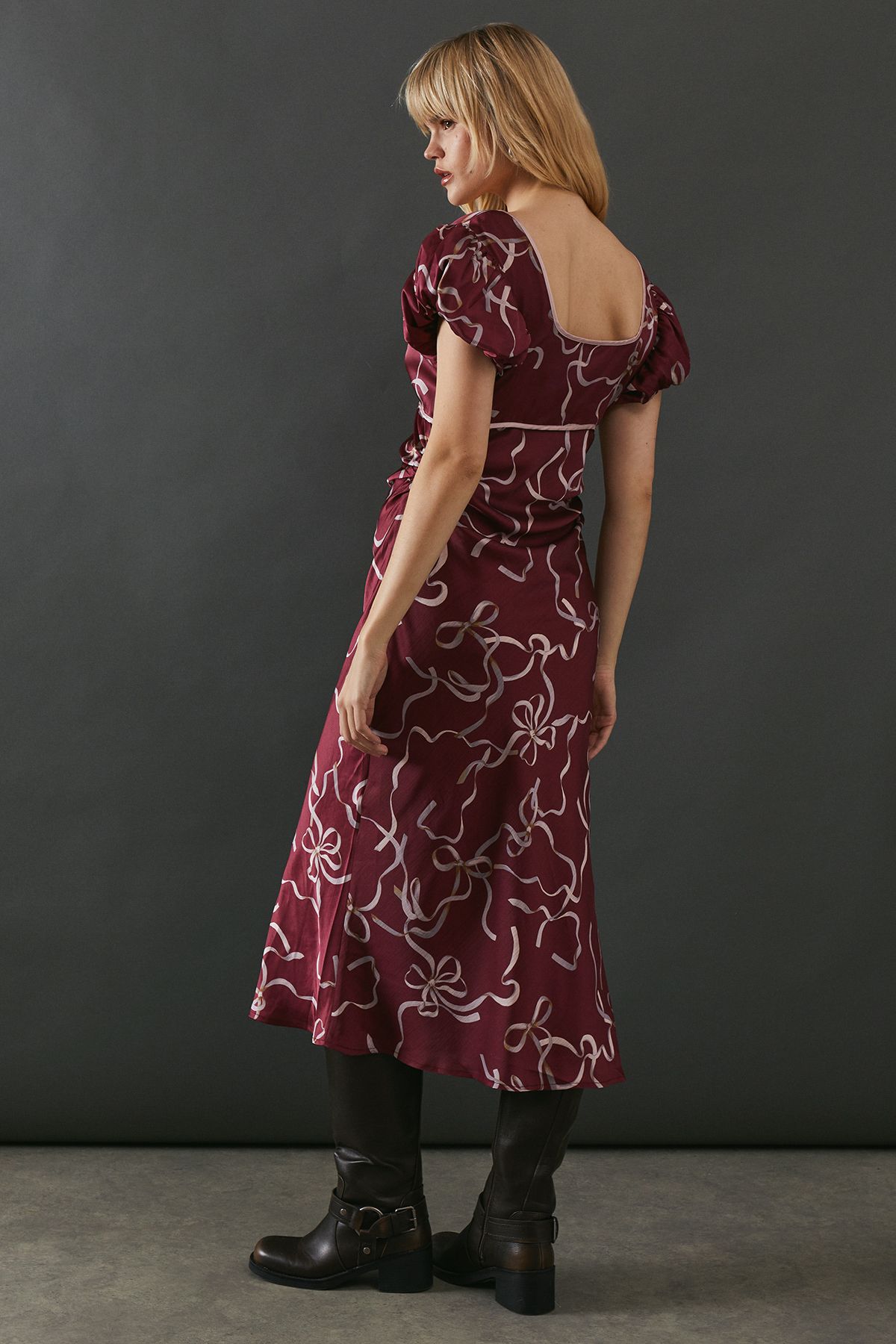 Warehouse Printed Tie Front Bias Midi Dress Berry image 3