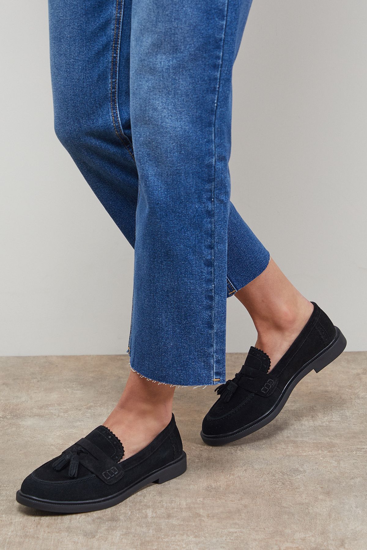 Oasis Bunny Suede Brogue Detail Tassel Loafers Natural Black image 2