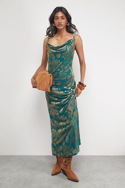 Warehouse Devore Twist Cowl Neck Bias Midi Slip Dress Green