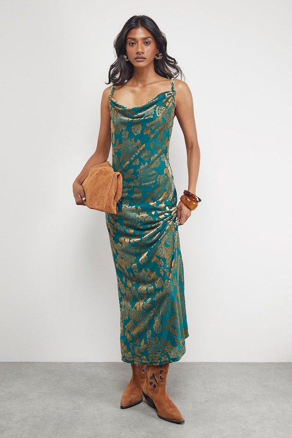 Warehouse Devore Twist Cowl Neck Bias Midi Slip Dress Green