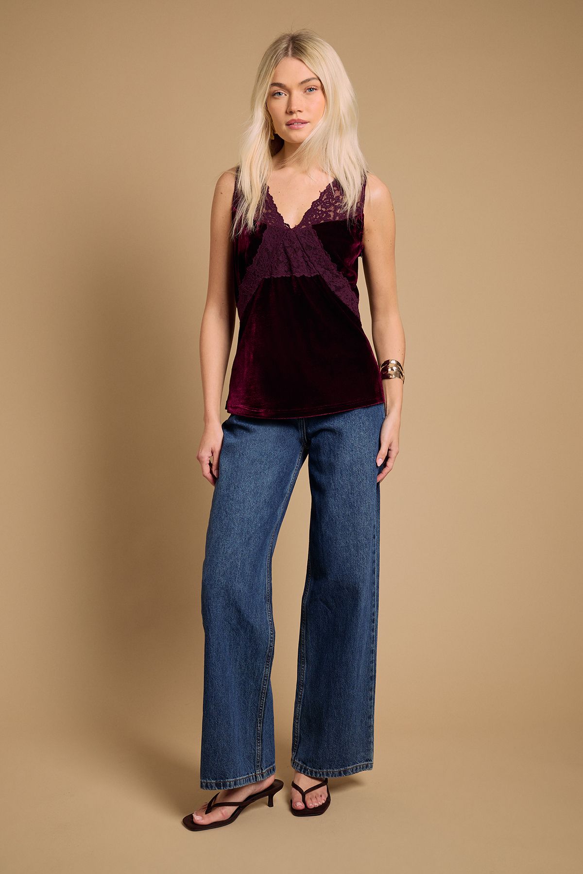 Oasis Velvet Lace Detail V Neck Cami Top Wine image 3