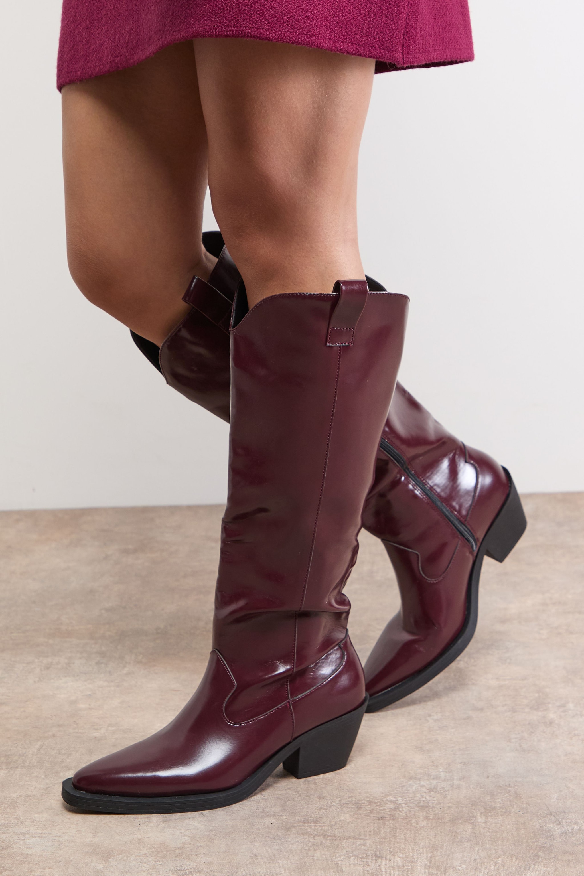 Oasis Cassidy Faux Leather Western Knee Boots Cherry