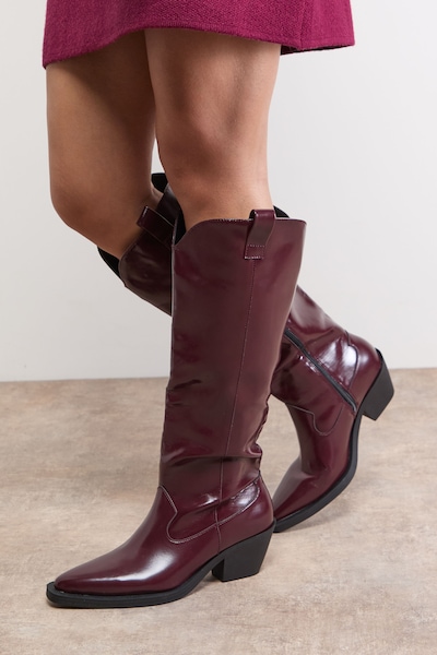 Oasis Cassidy Faux Leather Western Knee Boots Cherry