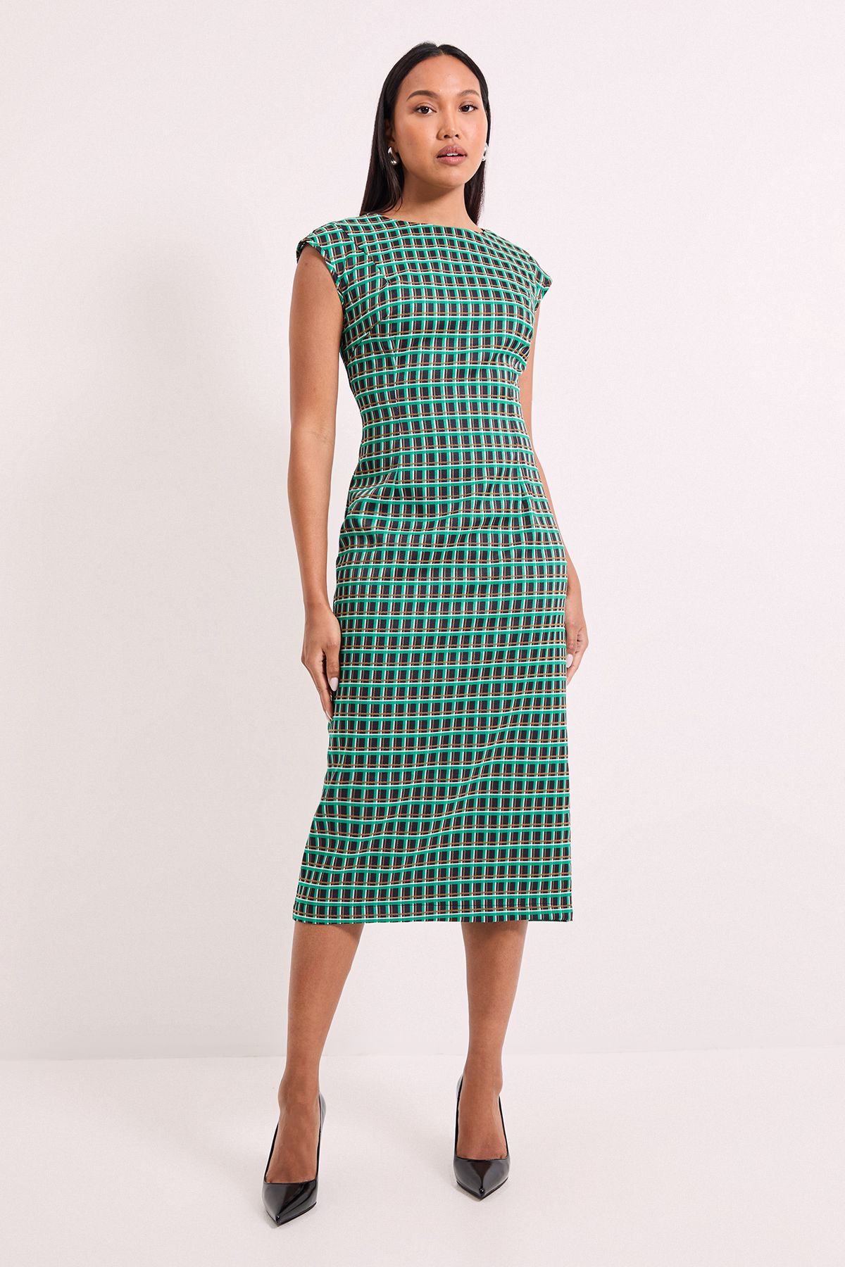 Principles Green Check Jacquard Column Midi Dress Bright Green image 1