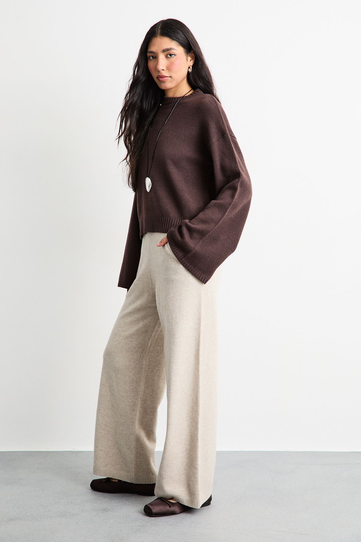 Warehouse Wide Leg Knitted Trouser Co Ord Sand image 4
