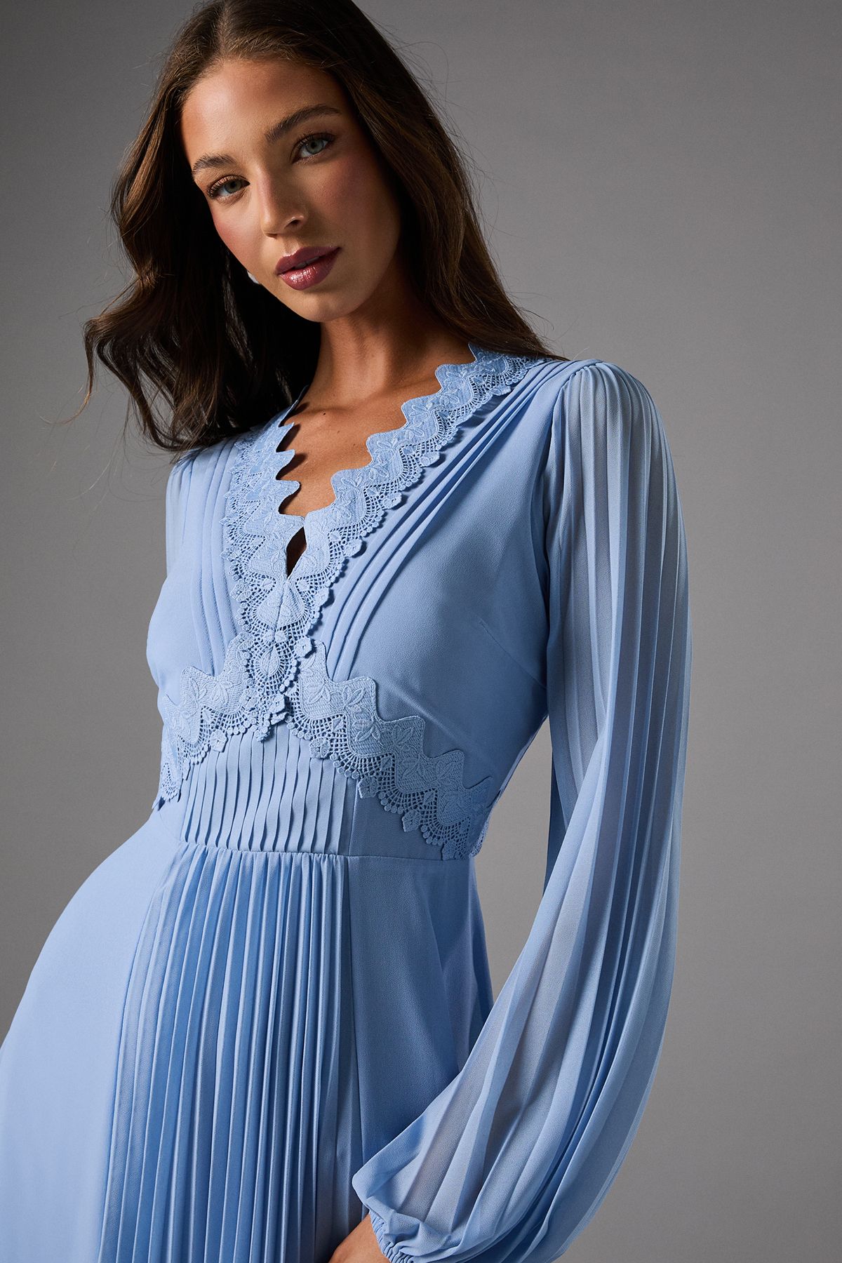 Coast Pleat Detail Lace Trim Maxi Dress Blue image 4