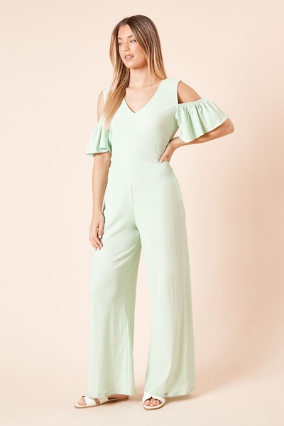 Dorothy Perkins Pin Spot Cold Shoulder Flutter Sleeve Jersey Jumpsuit Green