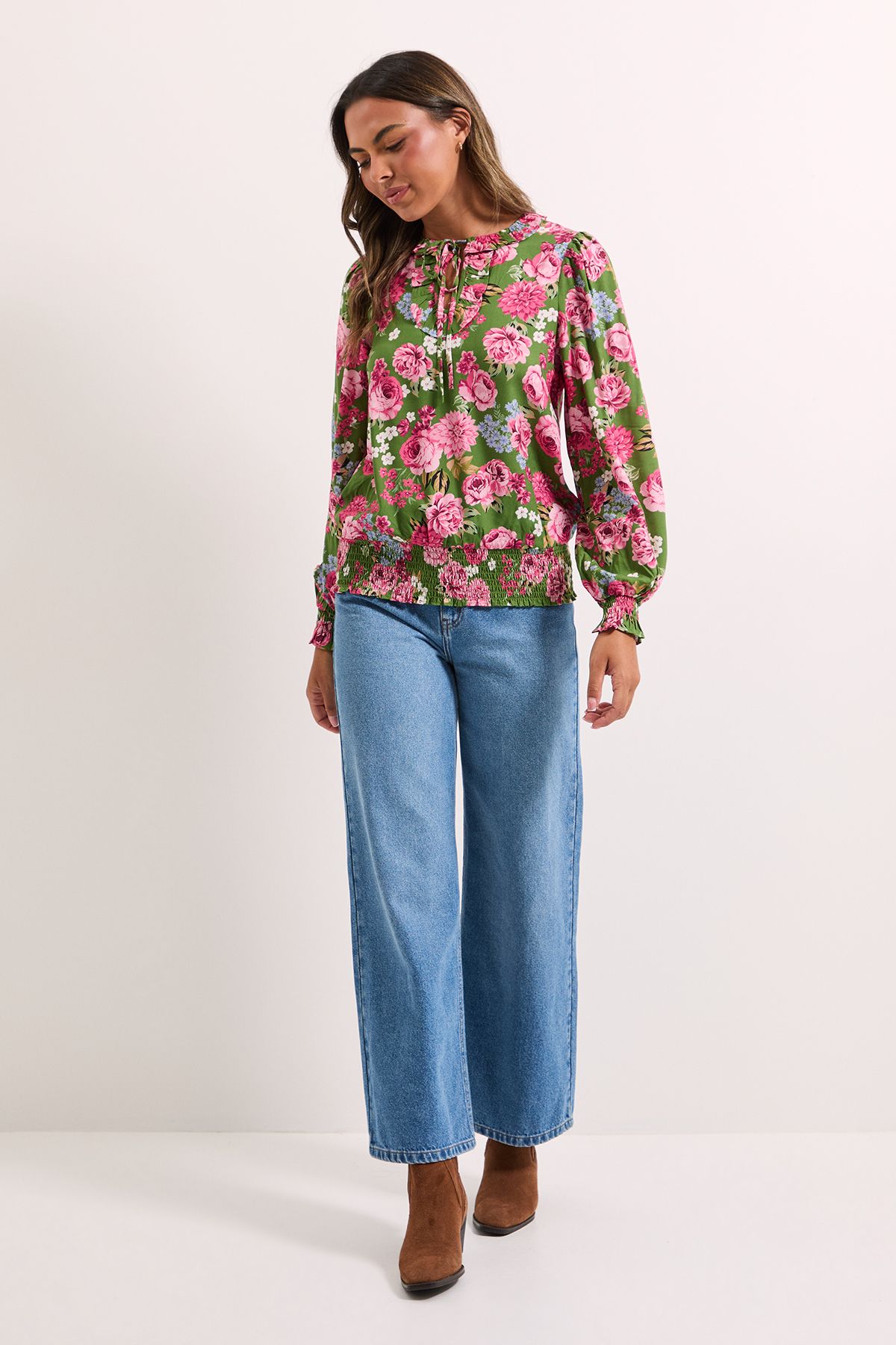 Dorothy Perkins Floral Shirred Hem Tie Front Long Sleeve Top Floral image 1