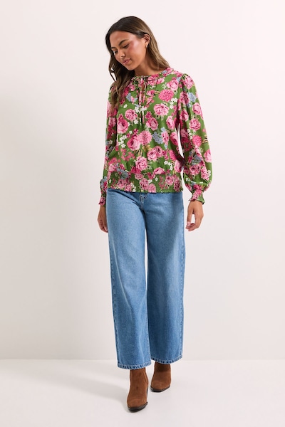 Dorothy Perkins Floral Shirred Hem Tie Front Long Sleeve Top Floral
