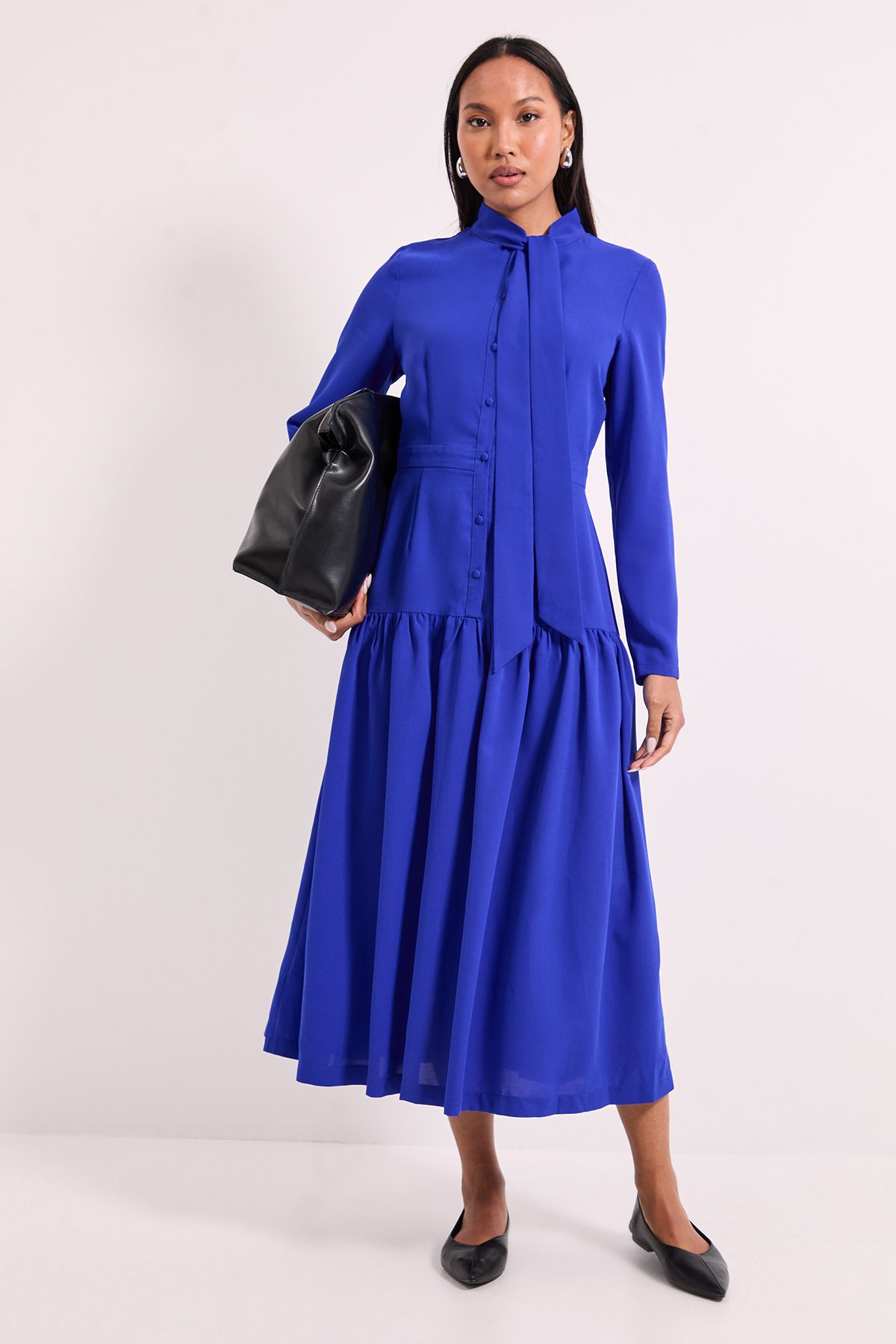 Principles Tie Neck Yolk Detail Crepe Midi Dress Cobalt image 1