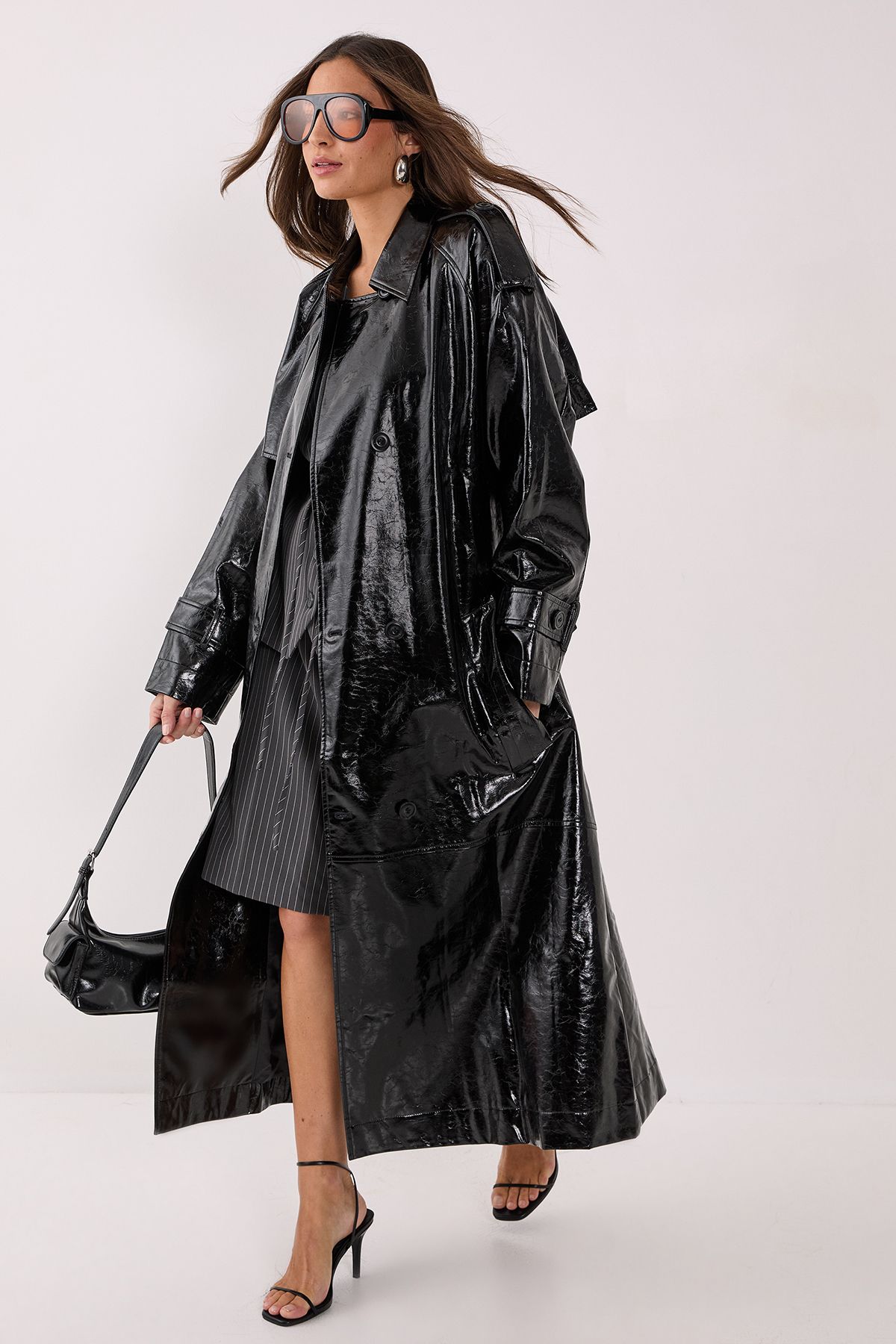 NastyGal Premium Vinyl High Shine Faux Leather Trench Coat Black