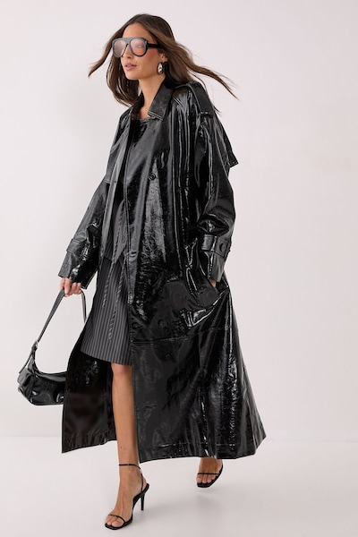 NastyGal Premium Vinyl High Shine Faux Leather Trench Coat Black