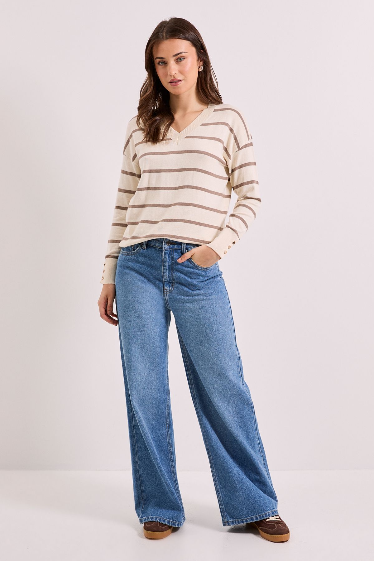 Dorothy Perkins Stripe V Neck Button Cuff Jumper Stripe image 2