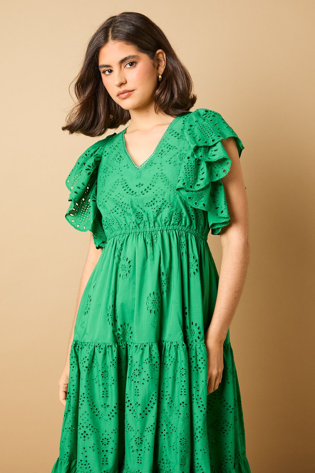Oasis Petite Broderie V Neck Angel Sleeve Maxi Dress Green image 2