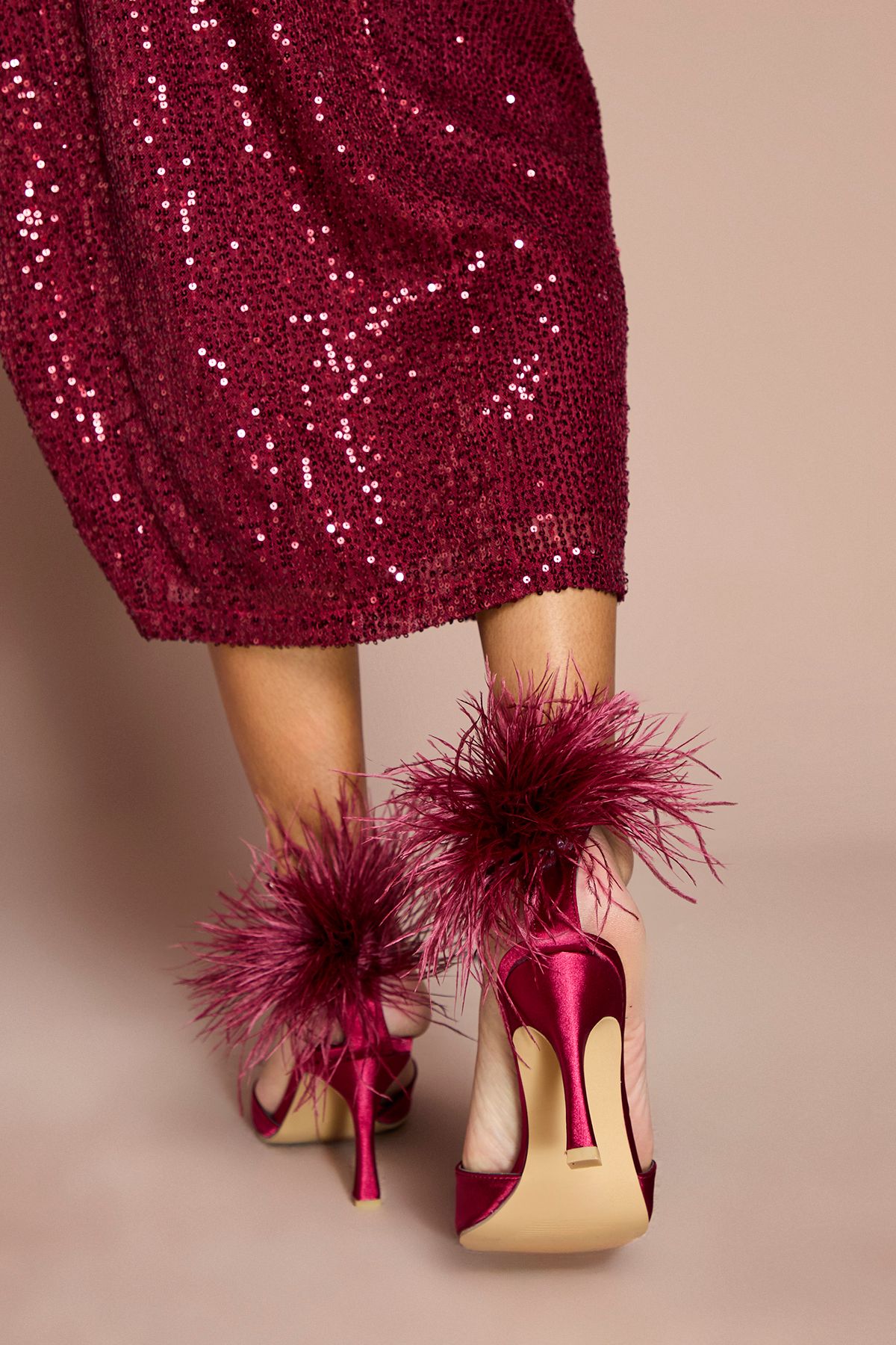 Coast Liv Satin Feather Back Detail High Stiletto Heeled Sandals Burgundy image 3