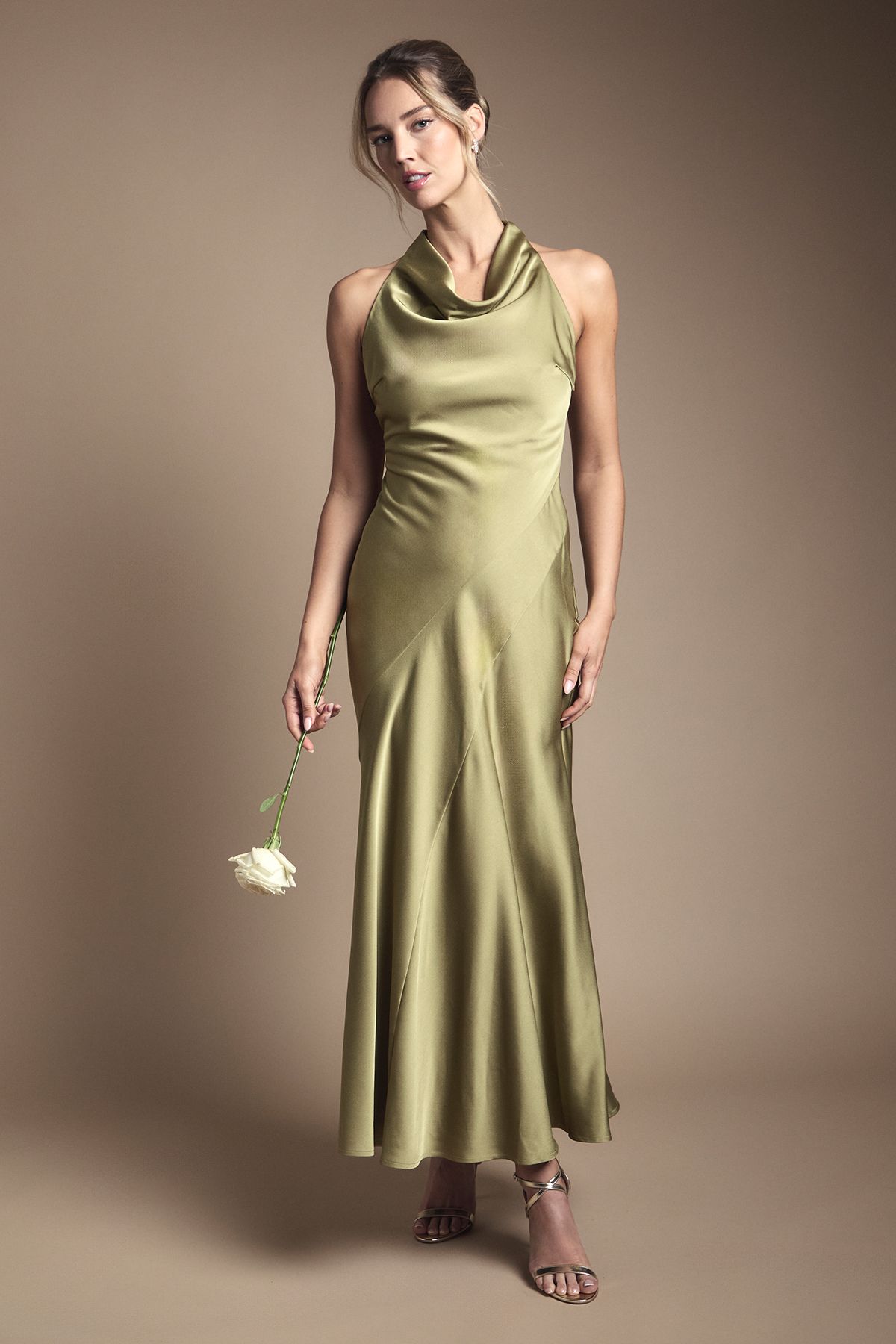 Oasis Petite Oasis Cowl Halterneck Satin Maxi Bridesmaid Dress Olive image 1