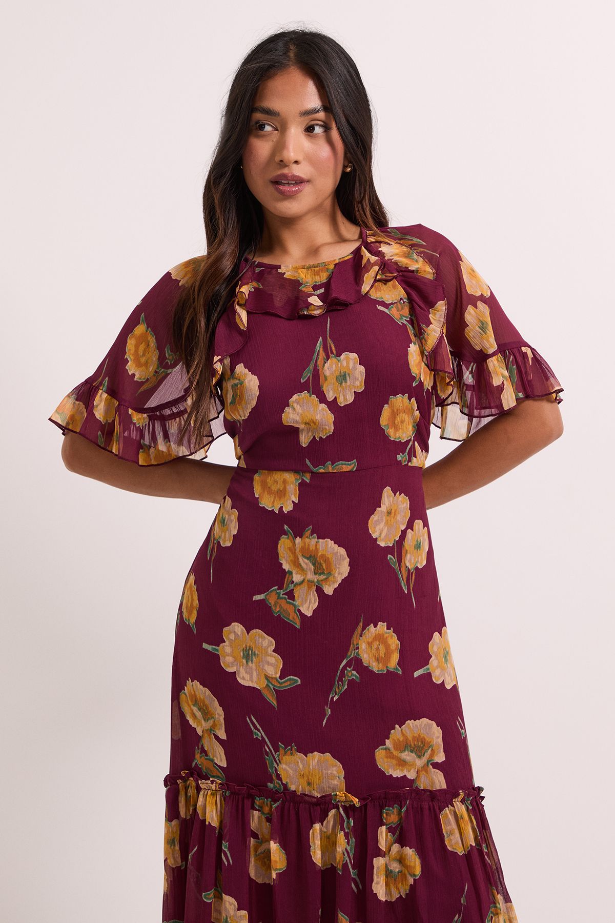 Dorothy Perkins Petite Brown Frill Cape Sleeve Tiered Printed Chiffon Midi Dress Brown image 2
