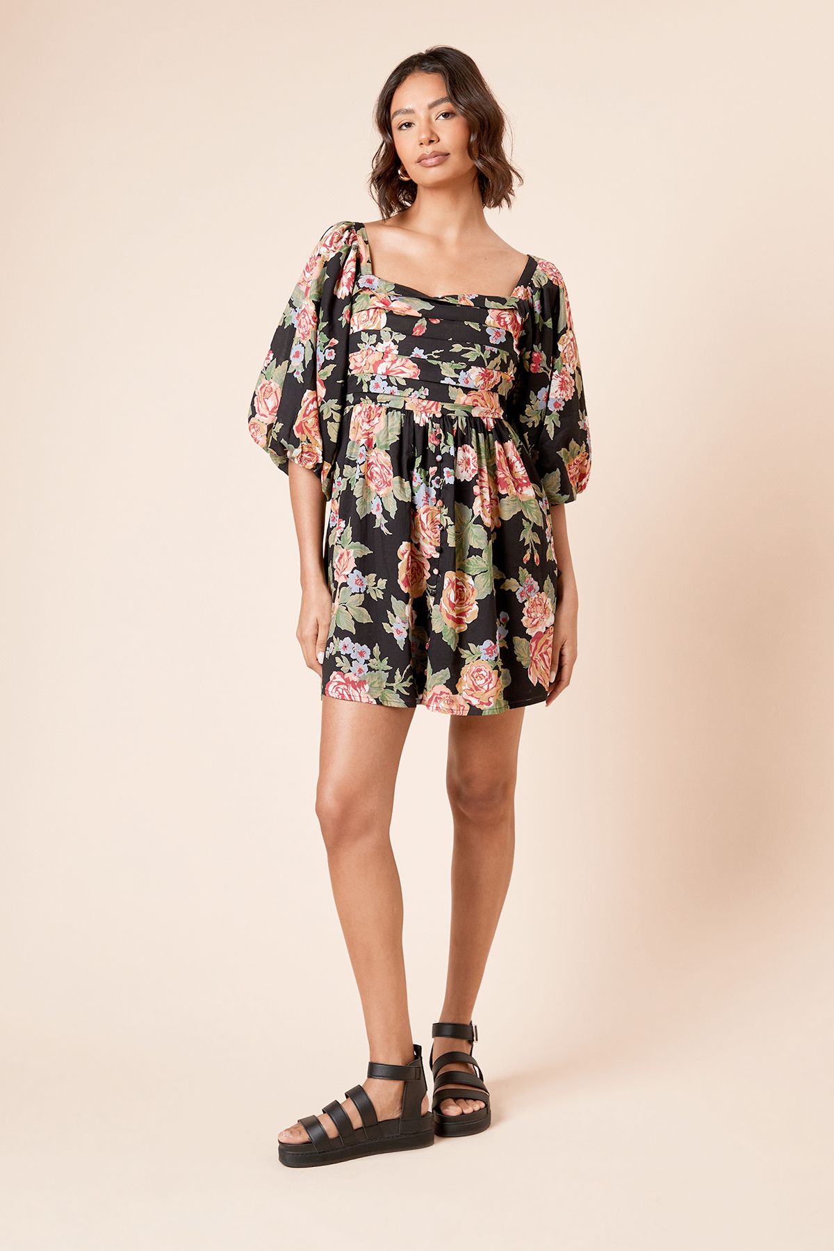 Dorothy Perkins Black Large Floral Pleat Front Short Sleeve Mini Dress Floral image 1