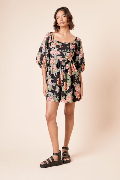 Dorothy Perkins Black Large Floral Pleat Front Short Sleeve Mini Dress Floral