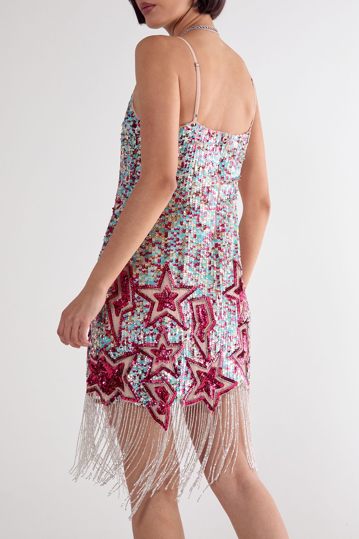 NastyGal Star Lightening Bolt Embellished Tassel Hem Mini Dress Turquoise image 5