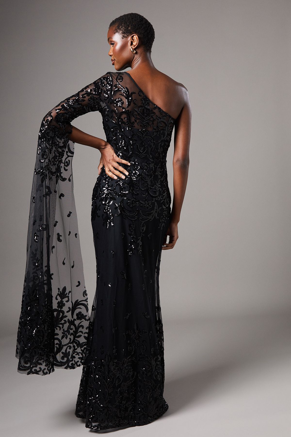 Coast One Shoulder Maxi Dress In Lace With Cape Sleeve Black image 3