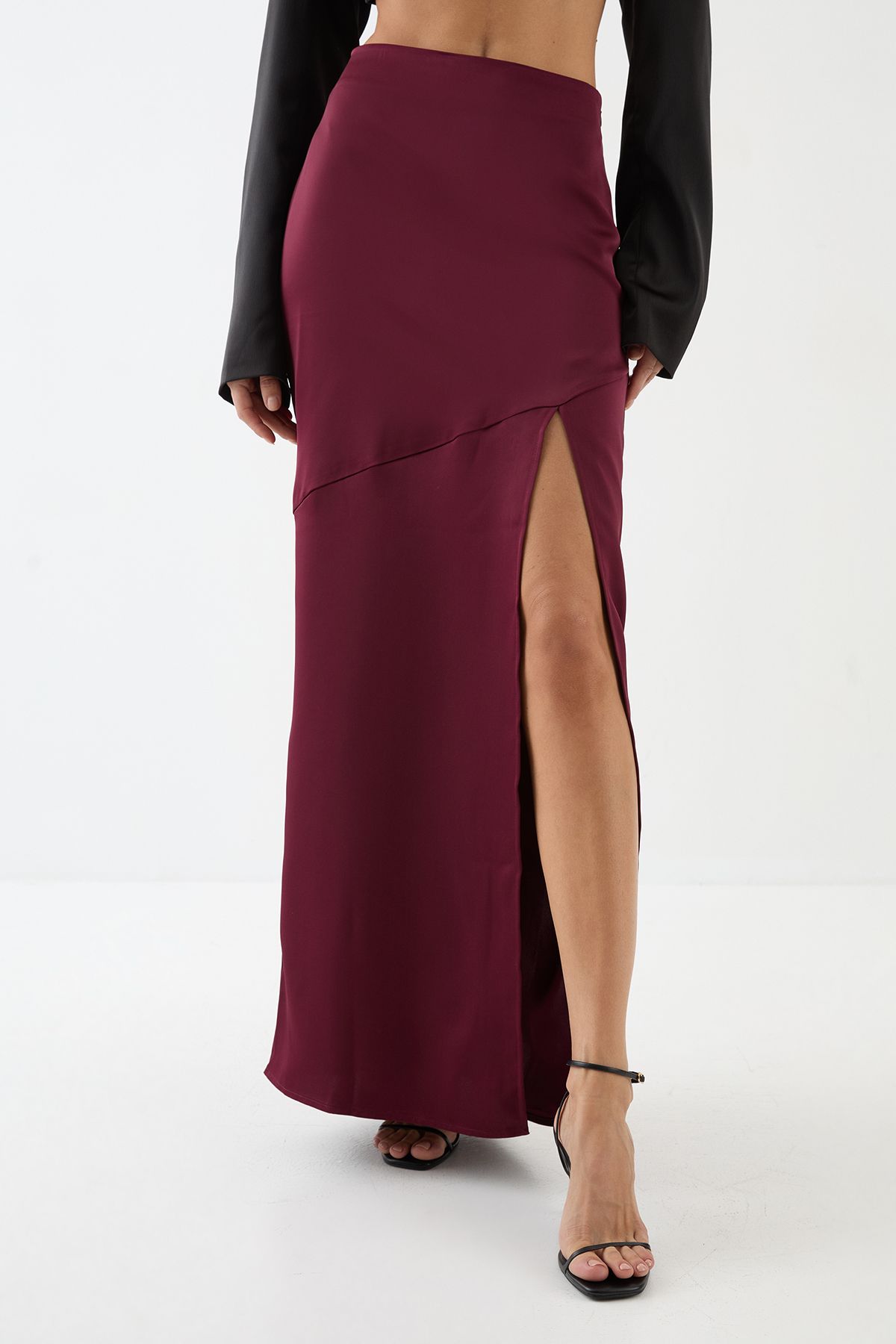 MissPap Satin High Waist Maxi Skirt Wine image 4