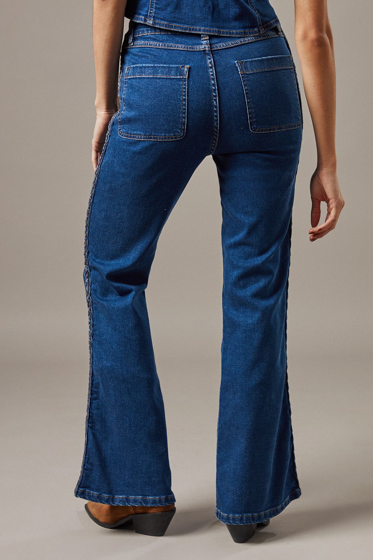 Warehouse High Waist Denim Bootcut With Patch Pockets Dark Wash image 3